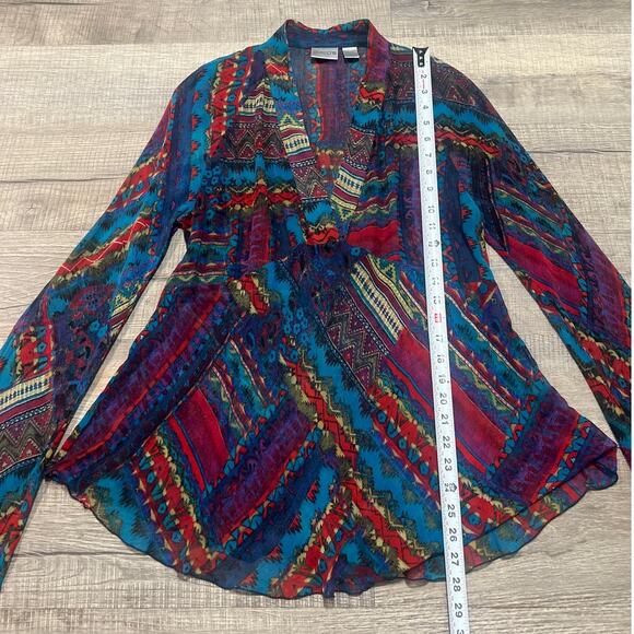 Chicos Silk V Neck Sheer Blouse Size 2 Medium Flare Sleeve Patchwork Lettuce Hem - Picture 4 of 5